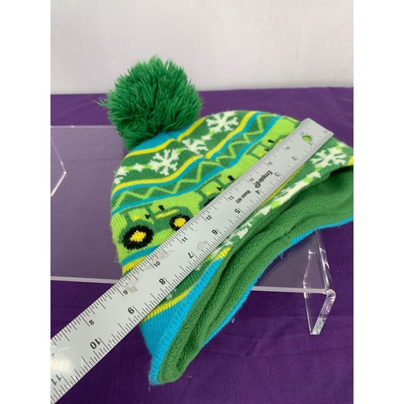 John Deer Toddle One Size Tractor Snowflake Green Blue Beanie Hat Pompom - Picture 8 of 12